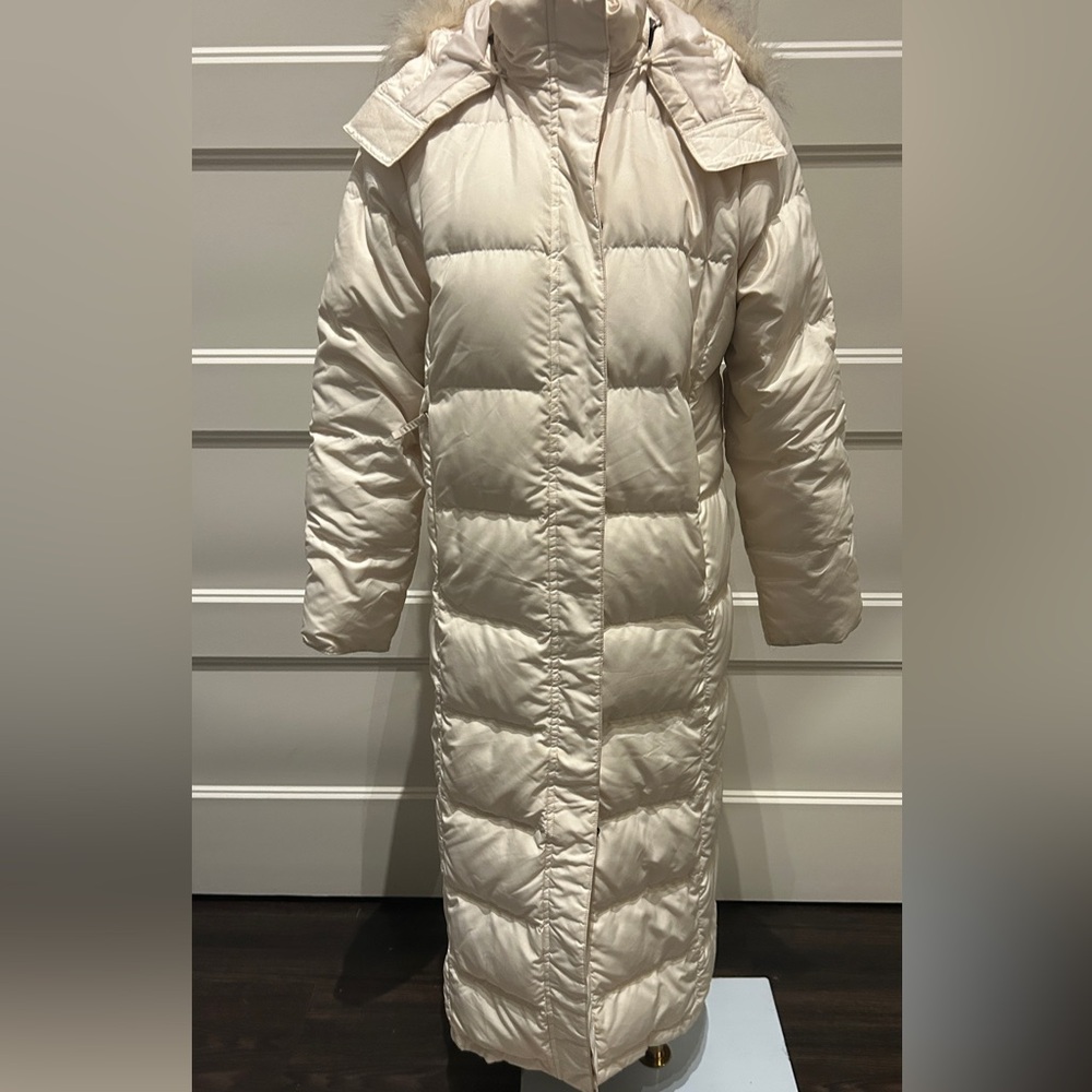 Long Quilted Cream Down Coat with Fur-Trim Hood
